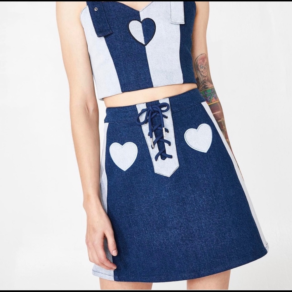 lazy Oaf denim Skirt with hearts